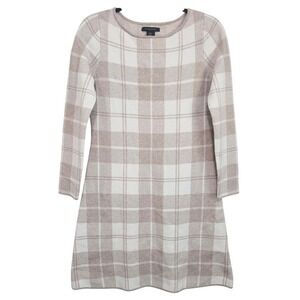 Tahari Sweater Dress XS Beige Plaid Knit Long Sleeve Boat Neck Mini Shift ~